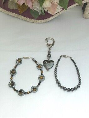 Hematite & Tigers Eye Bracelet Hematite Heart Key Chain Hematite Bracelet Lot 3